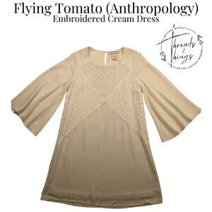 Anthropologie Flying Tomato‎ Dress Sm Cream Dainty Lace Boho Embroidery Retro